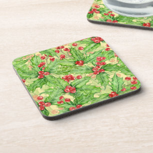 Holly berry watercolor Christmas pattern Coaster