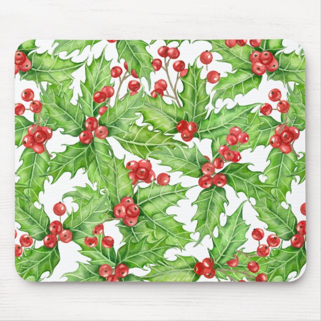 Holly berry watercolor Christmas pattern Mouse Mat (Front)