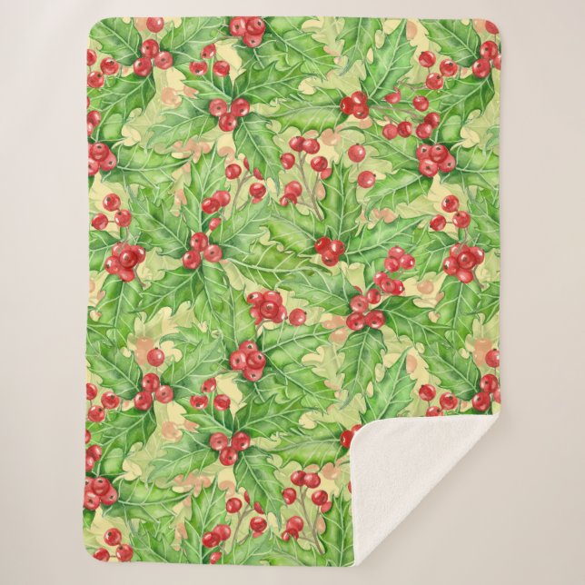 Holly berry watercolor Christmas pattern Sherpa Blanket (Front)
