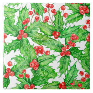 Holly berry watercolor Christmas pattern Tile