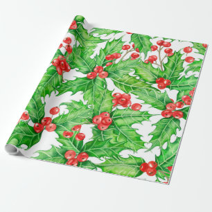 Holly berry watercolor Christmas pattern Wrapping Paper