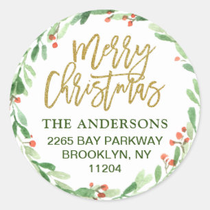 Holly Berry Watercolor Christmas Return Address Classic Round Sticker