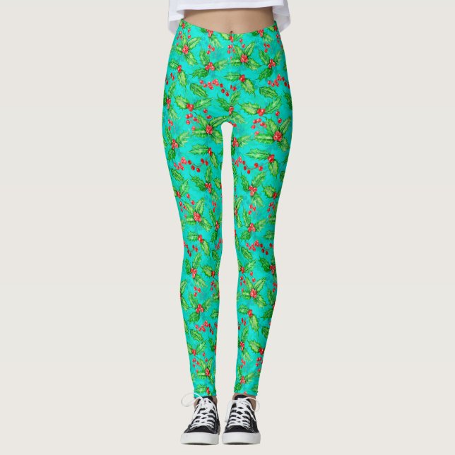 Holly berry watercolor leggings (Front)