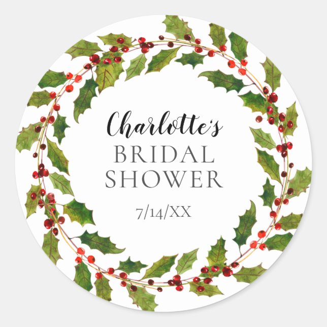 Holly Berry Wreath Bridal Shower Classic Round Sticker (Front)