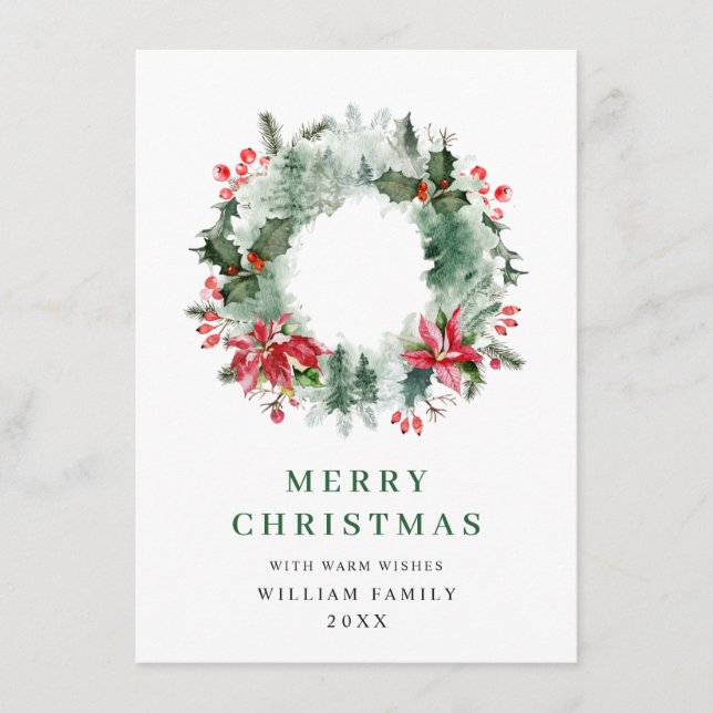 Holly Berry Wreath Christmas Greeting 3 Photo Holiday Card (Front)