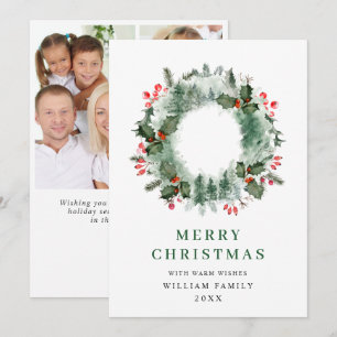 Holly Berry Wreath Christmas Greeting 3 Photo Holiday Card