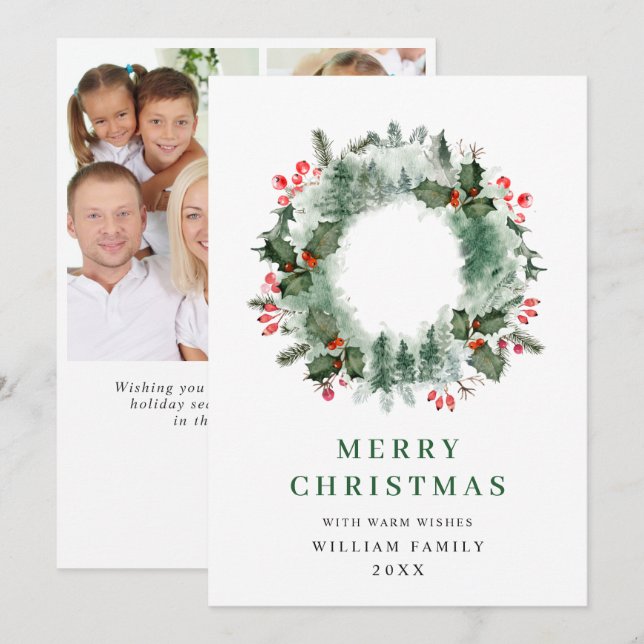 Holly Berry Wreath Christmas Greeting 3 Photo Holiday Card (Front/Back)
