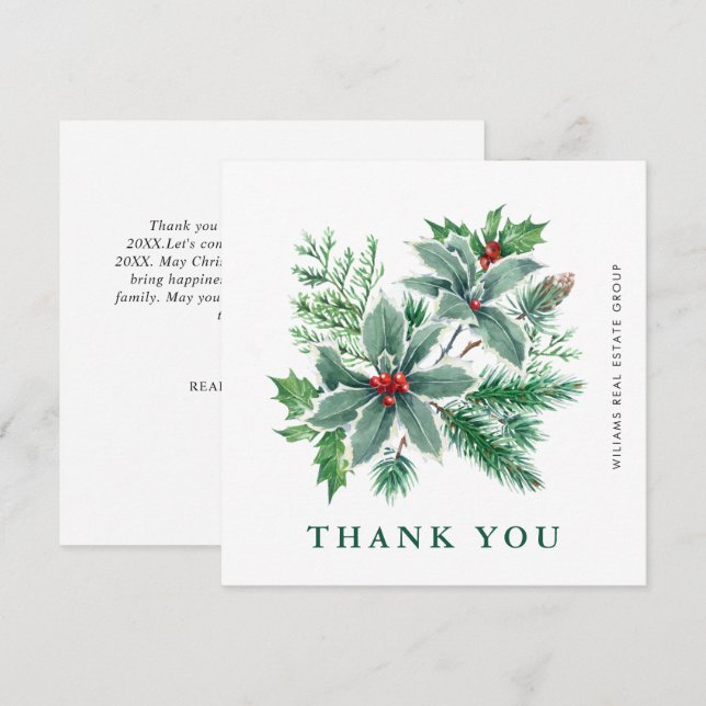 Holly Berry Wreath Christmas Greeting Holiday Than Thank You Card (Front/Back)