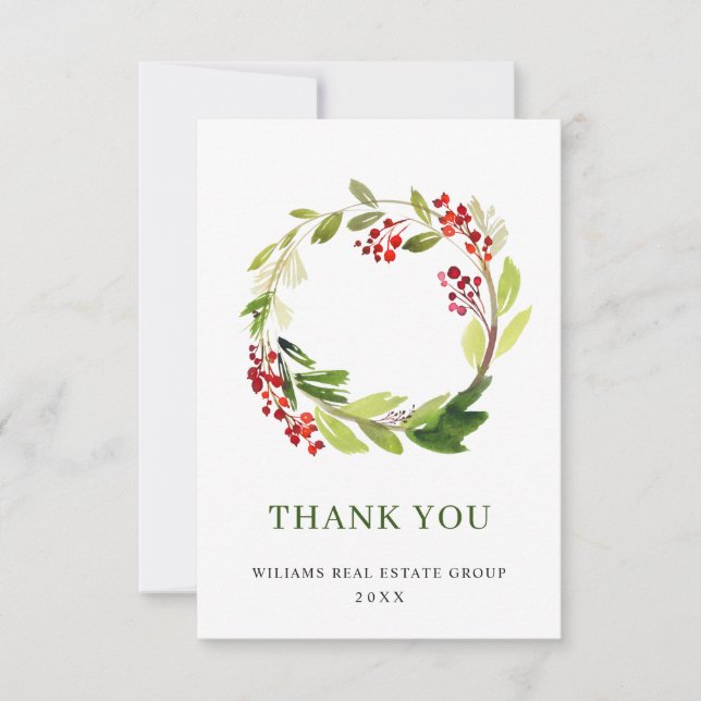 Holly Berry Wreath Christmas Greeting Holiday Thank You Card (Front)