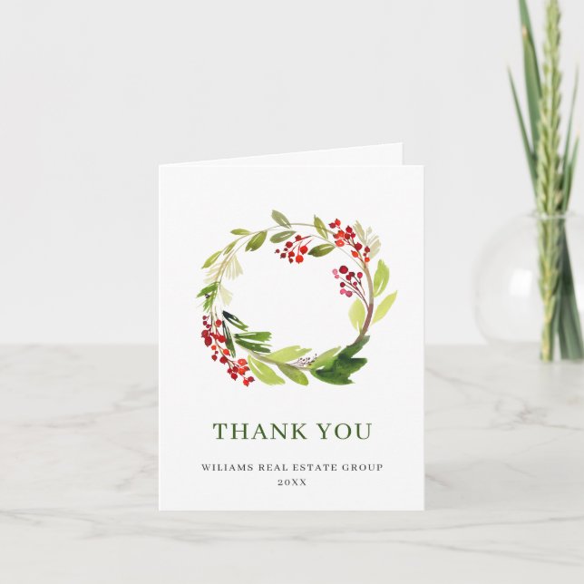 Holly Berry Wreath Christmas Greeting Holiday Thank You Card (Front)