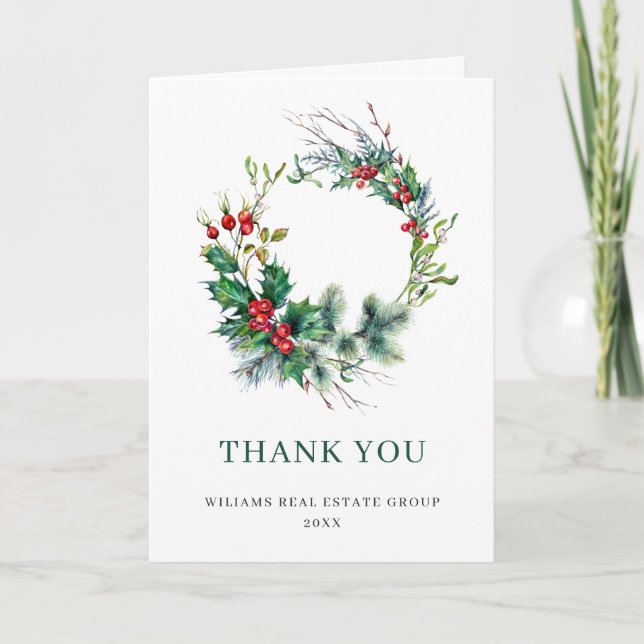 Holly Berry Wreath Christmas Greeting Holiday Thank You Card (Front)