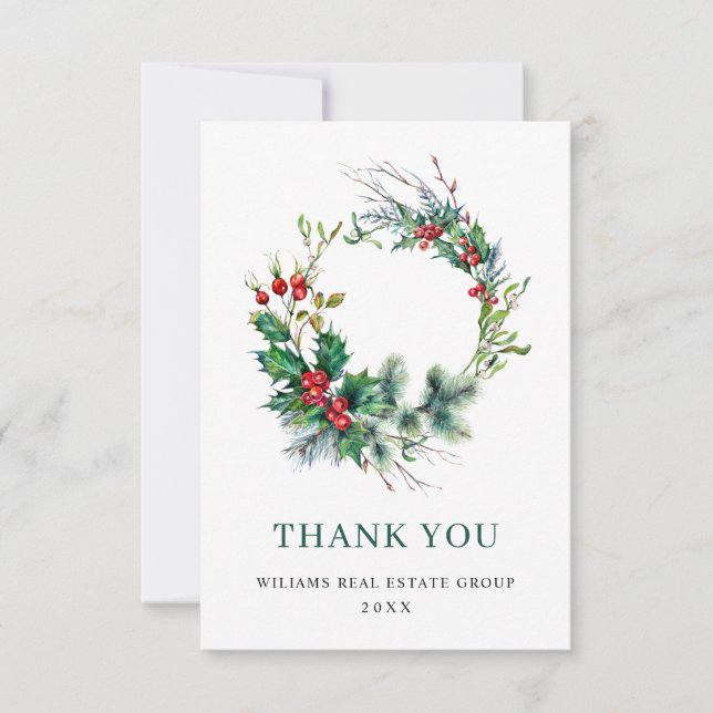 Holly Berry Wreath Christmas Greeting Holiday Thank You Card (Front)