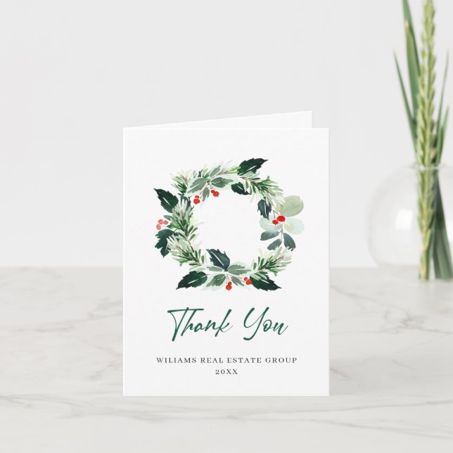 Holly Berry Wreath Christmas Greeting Holiday Thank You Card (Front)