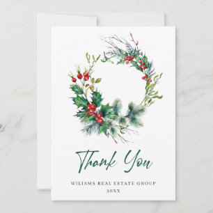 Holly Berry Wreath Christmas Greeting Holiday Thank You Card