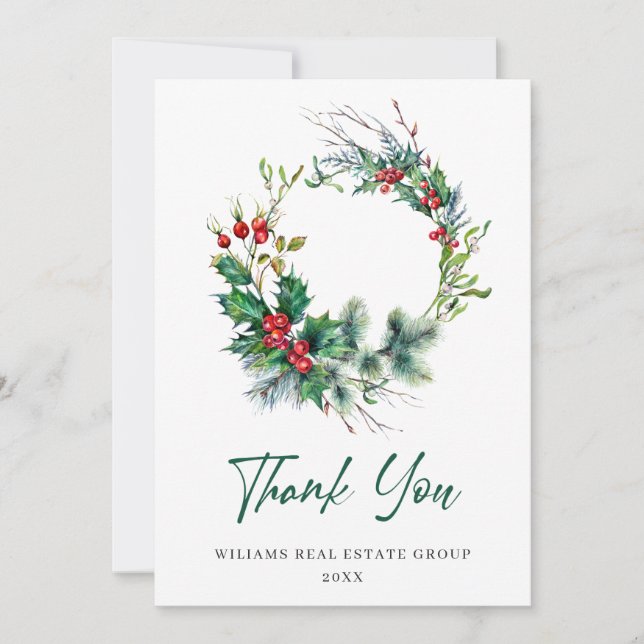 Holly Berry Wreath Christmas Greeting Holiday Thank You Card (Front)