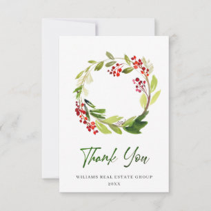 Holly Berry Wreath Christmas Greeting Holiday Thank You Card