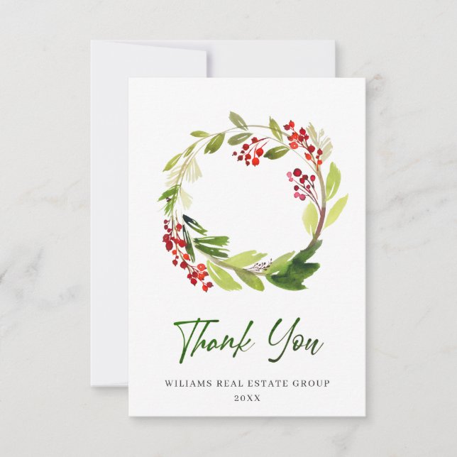 Holly Berry Wreath Christmas Greeting Holiday Thank You Card (Front)