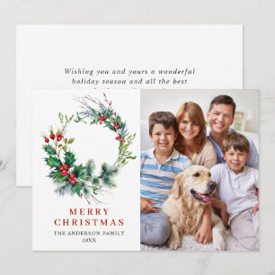 Holly Berry Wreath Christmas Greeting PHOTO Holiday Card