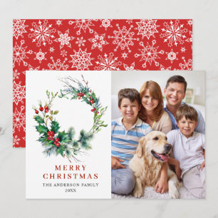 Holly Berry Wreath Christmas Greeting PHOTO Holiday Card