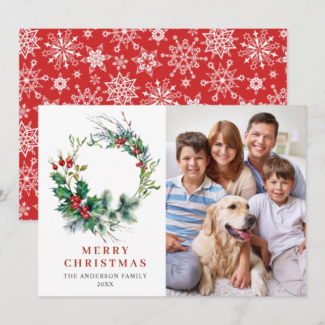 Holly Berry Wreath Christmas Greeting PHOTO Holiday Card (Front/Back)