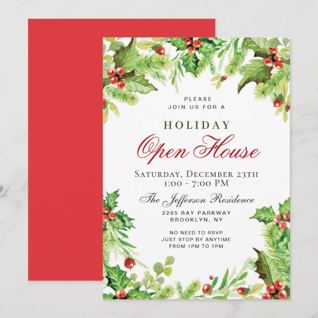 Holly Berry Wreath Christmas Holiday OPEN HOUSE Invitation (Front/Back)