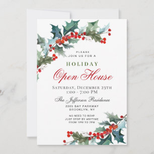 Holly Berry Wreath Christmas Holiday OPEN HOUSE Invitation
