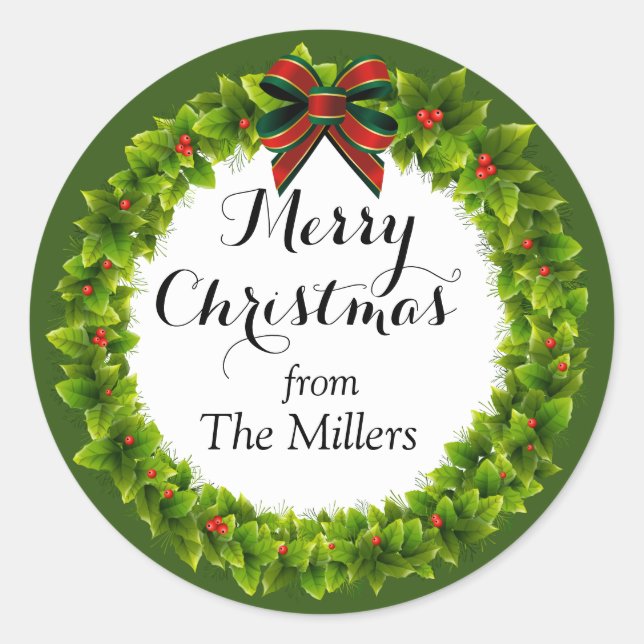 Holly Berry Wreath Custom Christmas Classic Round Sticker (Front)