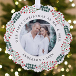 Holly Berry Wreath First Christmas Wedding Photo Tree Decoration Card<br><div class="desc">Send festive holiday greetings to your friends and family with a special Christmas keepsake celebrating your first Christmas as a married couple. The paper ornament card features your favourite wedding photo encircled by a wreath of holly berries, green eucalyptus, and white flowers. The design displays the phrase "Our First Christmas...</div>