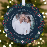 Holly Berry Wreath First Christmas Wedding Photo Tree Decoration Card<br><div class="desc">Send festive holiday greetings to your friends and family with a special Christmas keepsake celebrating your first Christmas as a married couple. The paper ornament card features your favourite wedding photo encircled by a wreath of holly berries, green eucalyptus, and white flowers. The design displays the phrase "Our First Christmas...</div>
