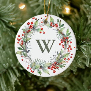 Holly Berry Wreath Monogram  Ceramic Tree Decoration