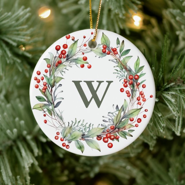 Holly Berry Wreath Monogram  Ceramic Tree Decoration (Creator Uploaded)