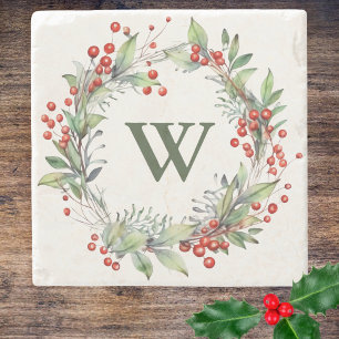 Holly Berry Wreath Monogram Stone Coaster