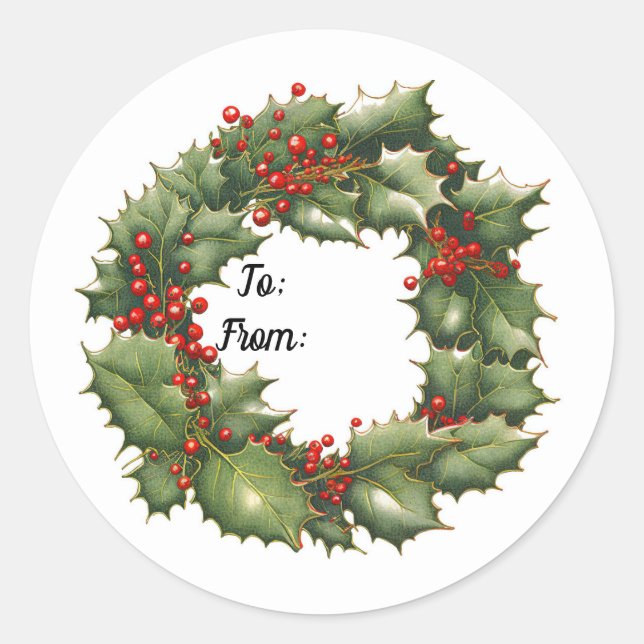 Holly Berry Wreath Round Sticker (Front)