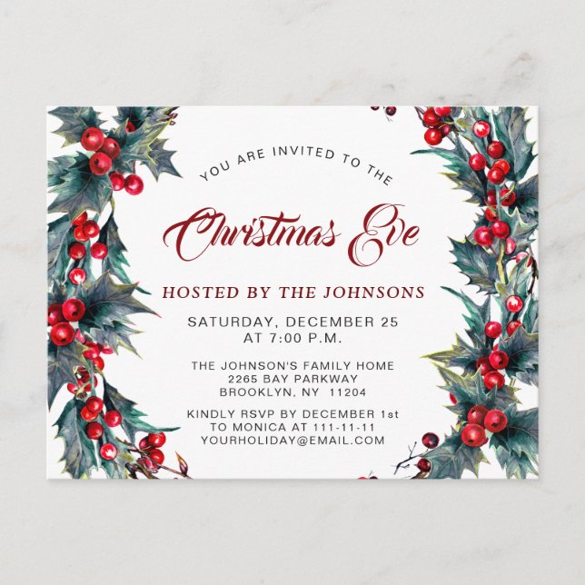 Holly Berry Wreath Watercolor Christmas Eve Party Postcard (Front)