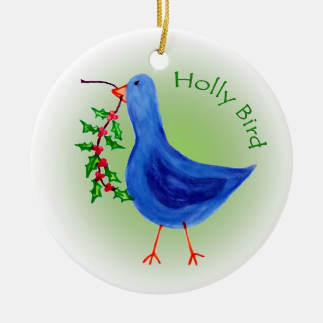 Holly Bird with Green background Ceramic Tree Decoration (Front)