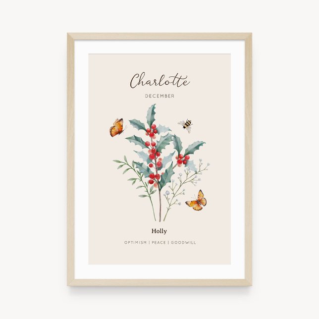 Holly Birth Month Flower Poster (Example of holly birth flower poster once framed. )