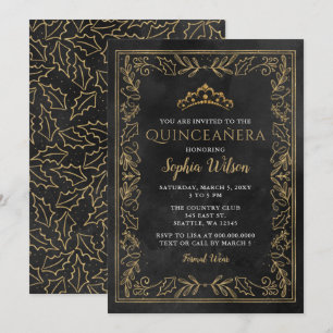Holly Black Gold Princess Tiara Quinceañera Invitation