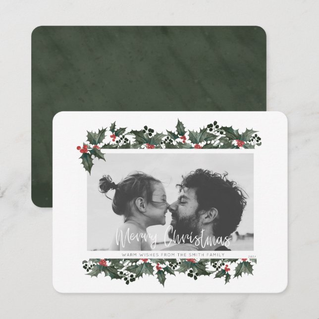 Holly Border Photo Christmas Card (Front/Back)