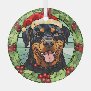 Holly Border Santa Rottweiler Dog Christmas Glass Tree Decoration