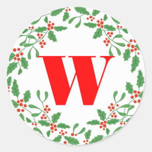 Holly Bough Wreath Monogram Gift Sticker