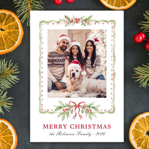 Holly Bow Watercolor 1 Photo Family Christmas  Holiday Card