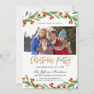 Holly Branch Watercolor Photo Christmas Party Invitation