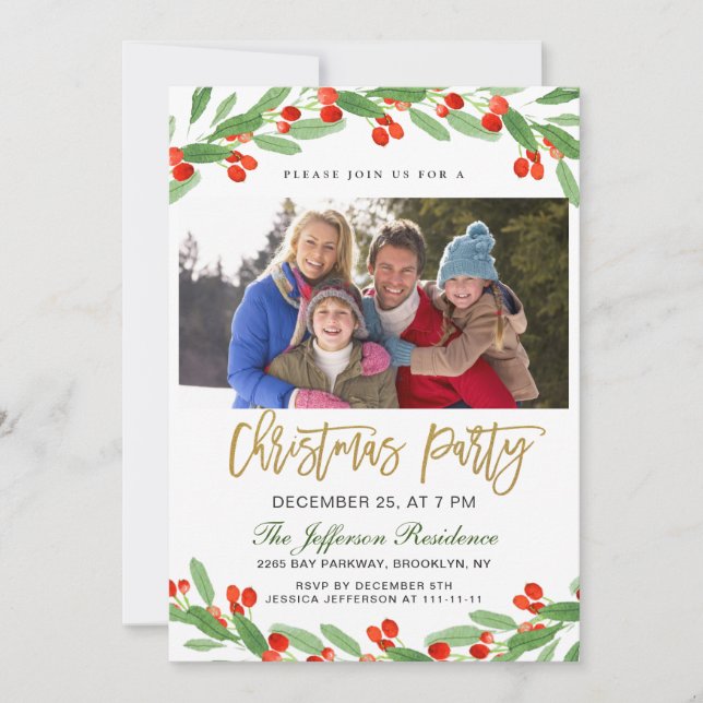 Holly Branch Watercolor Photo Christmas Party Invitation (Front)