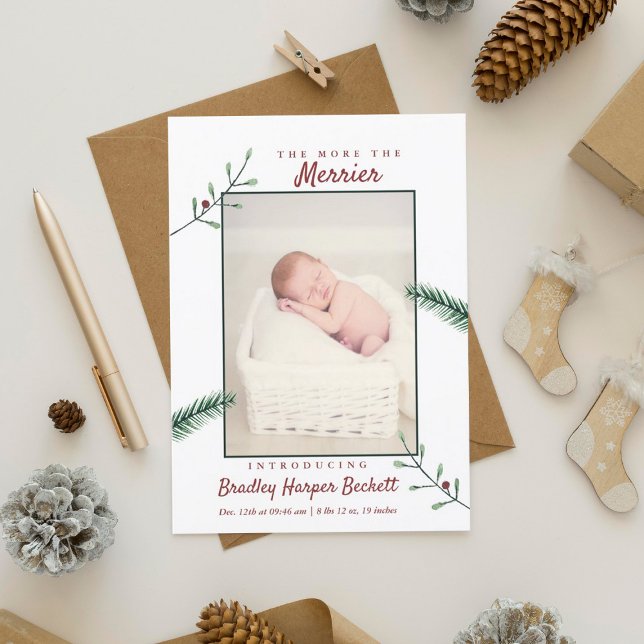 Holly Branches New Baby Photo Christmas Birth Holiday Card (Creator Uploaded)