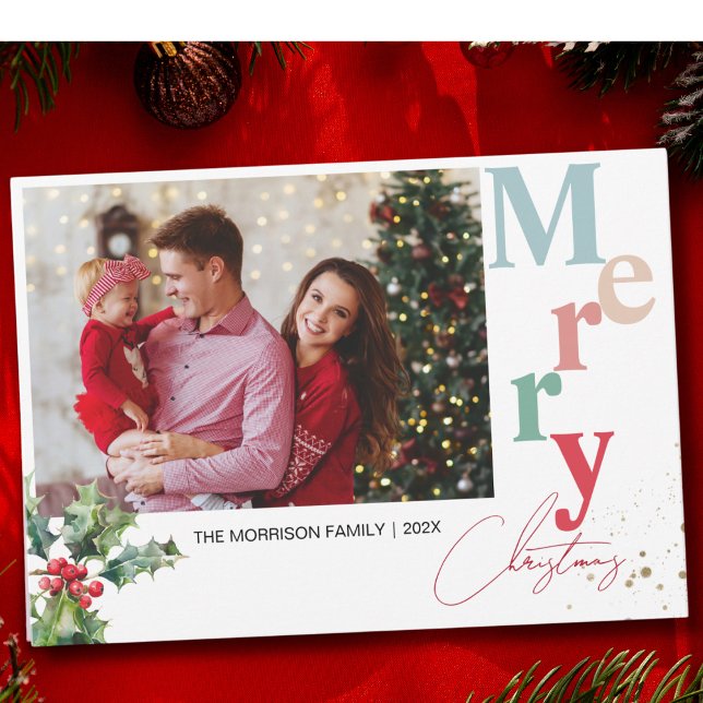Holly Branches one family photo Christmas  Holiday Card (Creator Uploaded)