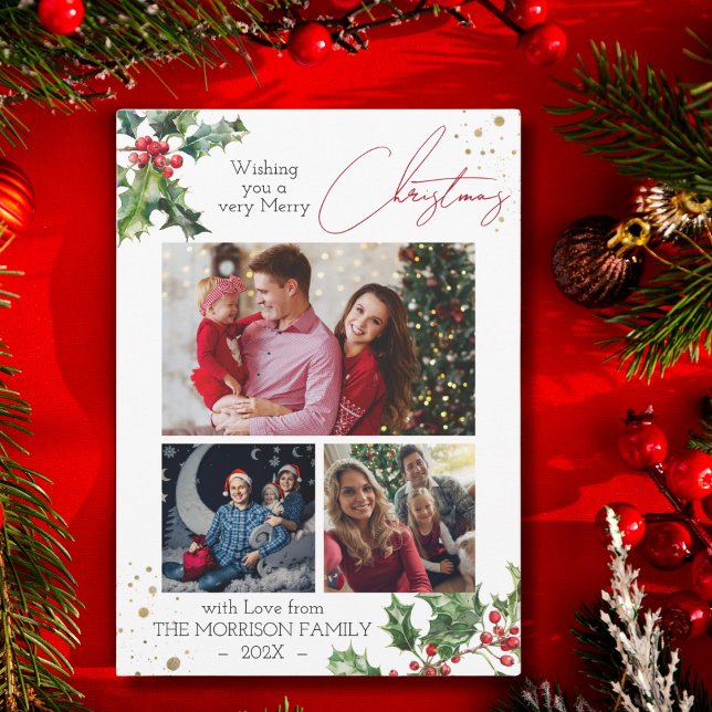 Holly Branches photo collage Christmas  Holiday Card (Creator Uploaded)