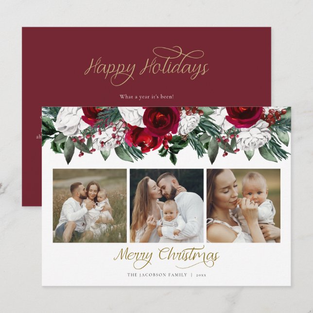 HOLLY Burgundy Floral Pine Photo Christmas Card (Front/Back)