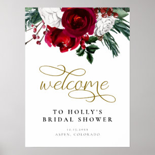 HOLLY Burgundy Floral Winter Bridal Shower Welcome Poster