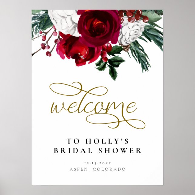 HOLLY Burgundy Floral Winter Bridal Shower Welcome Poster (Front)