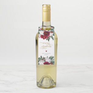 HOLLY Burgundy Gold Floral Merry Christmas  Bottle Tag